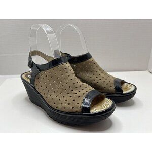 Fly London Yile Black Tan Suede Perforated Leather Wedge Heel Sandals Size 37